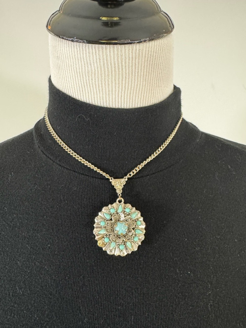 Vintage Turquoise Cabochon Filigree Medallion Necklace Silver Tone Boho